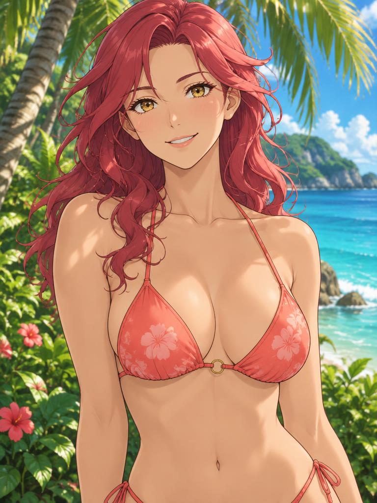 Mika, fictional adult anime woman aged 25, in swimwear beside the sea