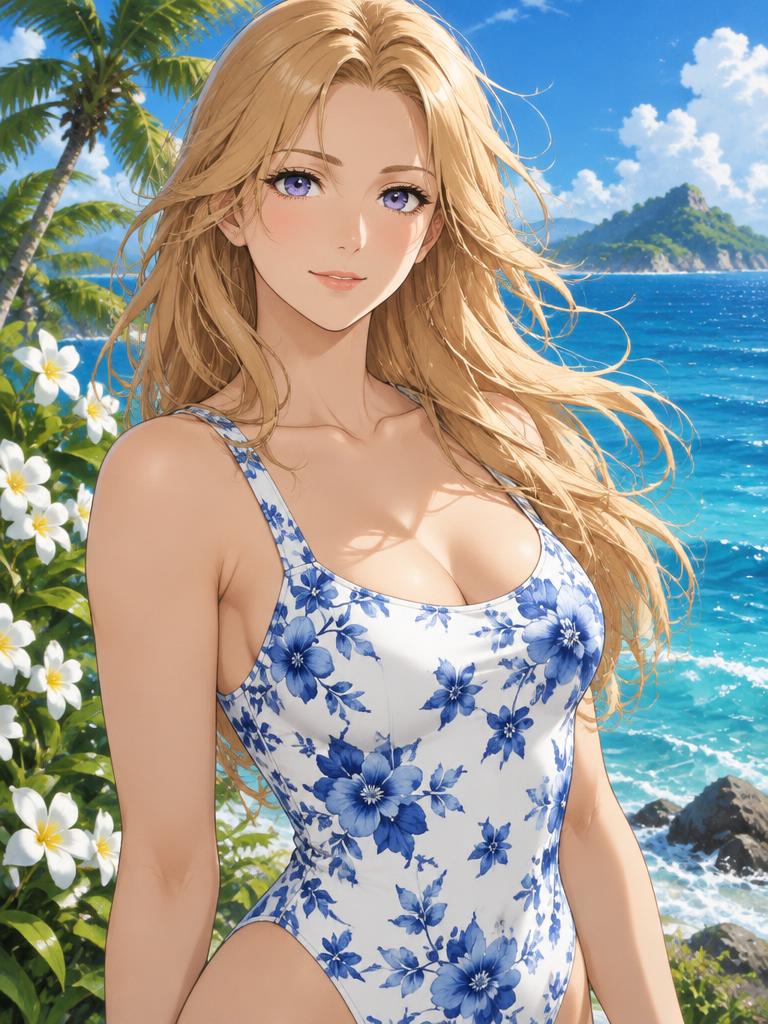 Yuna, fictional adult anime woman aged 26, in swimwear beside the sea